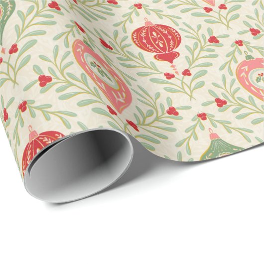 Retro Christmas Ornament Pink, Red, Green Paper Cadeaupapier (Rol Hoek)