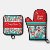 Retro Christmas Ornaments - Customizable Ovenwant & Pannenlap Set (Voorkant)