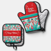 Retro Christmas Ornaments - Customizable Ovenwant & Pannenlap Set (Voorkant / Achterkant)
