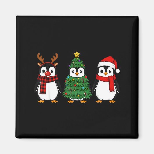 Retro Christmas Penguin Santa Reindeer Magneet (Voorkant)