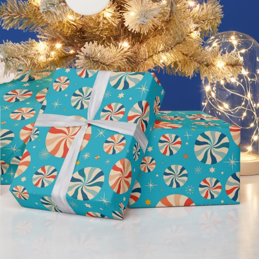 Retro Christmas Peppermint Candy Blue Cadeaupapier (Feestdagen)