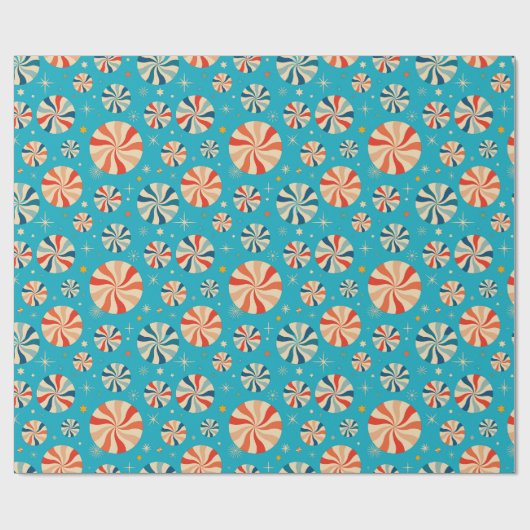 Retro Christmas Peppermint Candy Blue  Cadeaupapier (Vlak)