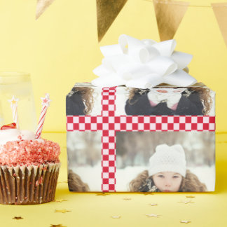 Retro Christmas Photo Collage Checkerboard Red Cadeaupapier