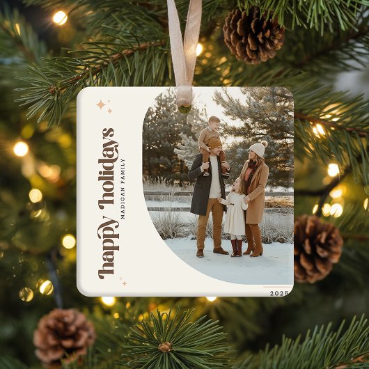 Retro Christmas Photo Family Name Holiday Keramisch Ornament