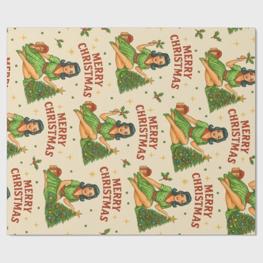 Retro Christmas Pin-Up Wrapping Paper  Cadeaupapier (Vlak)