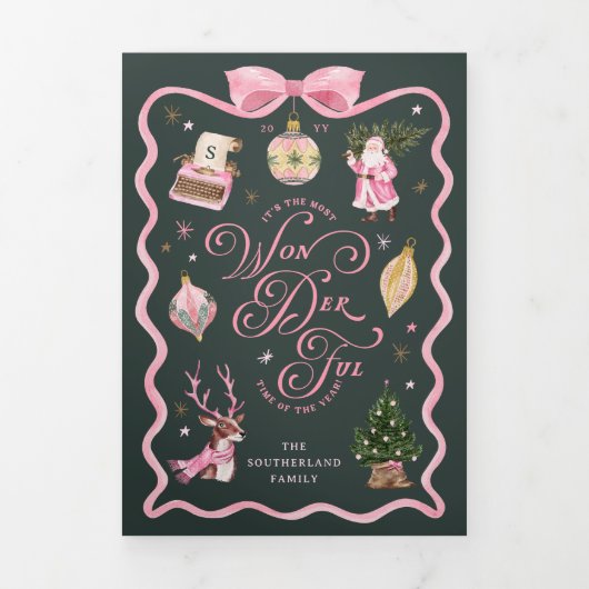 Retro Christmas Pink Ribbon Familie Fotogalerij Drieluik Wenskaart (Cover)