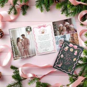Retro Christmas Pink Ribbon Familie Fotogalerij Drieluik Wenskaart