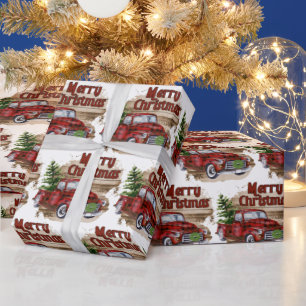 Retro Christmas Plaid Red Vintage Truck Watercolor Cadeaupapier