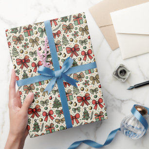 Retro Christmas Polka Dots Bows Pattern Cadeaupapier