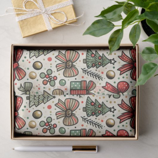Retro Christmas Polka Dots Bows Pattern Tissuepapier (Geschenk)