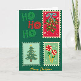 Retro Christmas Postage Card – Mistletoe, Tree & P Kaart