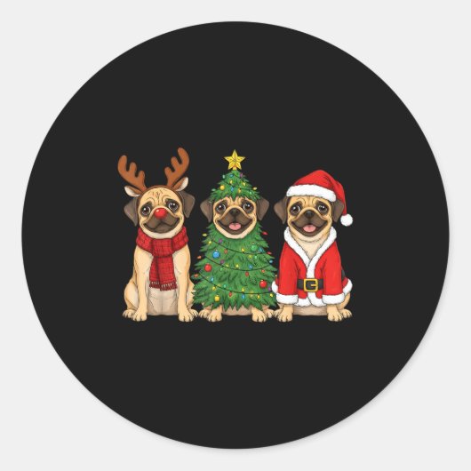 Retro Christmas Puggle Santa Reindeer Dog Lover Ronde Sticker (Voorkant)
