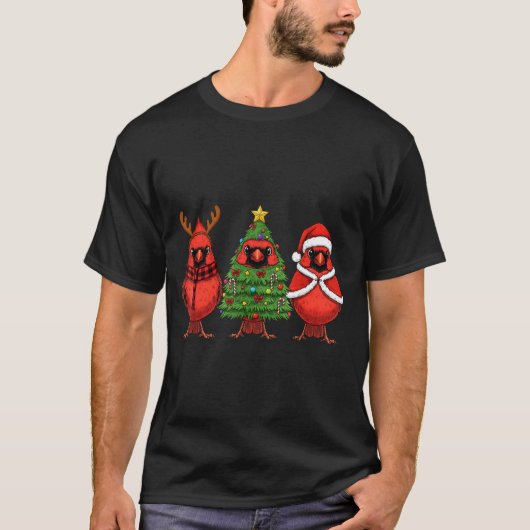 Retro Christmas Red Cardinal Bird Santa Reindeer  T-shirt (Voorkant)