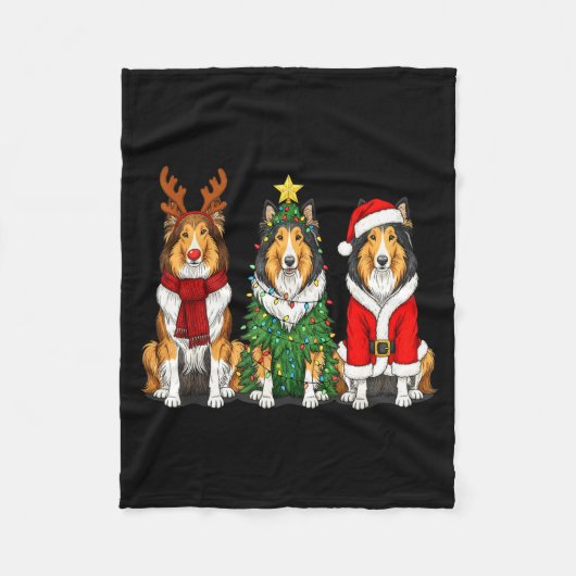 Retro Christmas Rough Collie Santa Reindeer Dog Lo Fleece Deken (Voorkant)