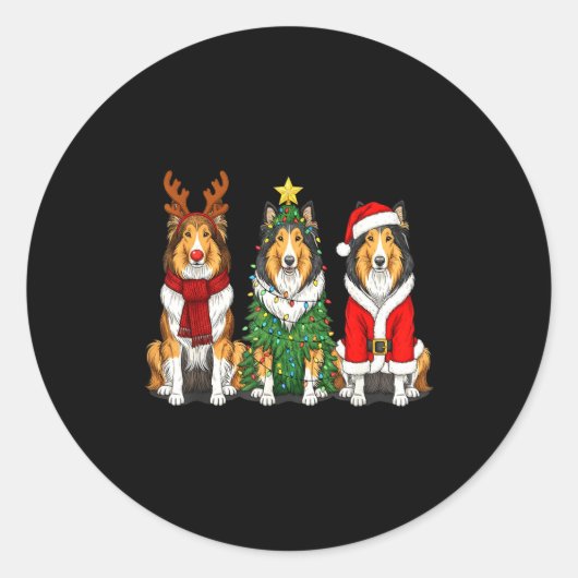 Retro Christmas Rough Collie Santa Reindeer Dog Lo Ronde Sticker (Voorkant)