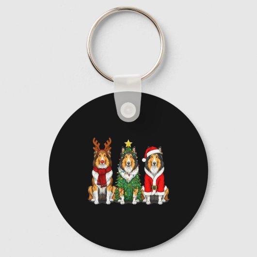 Retro Christmas Rough Collie Santa Reindeer Dog Lo Sleutelhanger (Voorkant)