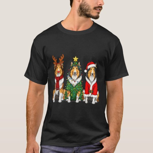 Retro Christmas Rough Collie Santa Reindeer Dog Lo T-shirt (Voorkant)