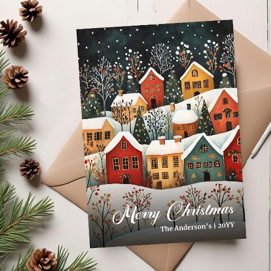 Retro Christmas Scene Holiday Greeting Template Feestdagenkaart