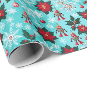 Retro Christmas Sci-Fi Robots Ornamenten Blauw Cadeaupapier