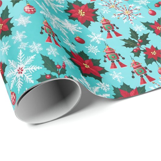 Retro Christmas Sci-Fi Robots Ornamenten Blauw Cadeaupapier (Rol Hoek)