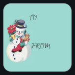 RETRO CHRISTMAS SNOWMAN VIERKANTE STICKER<br><div class="desc">BABY BLUE VINTAGE CHRISTMAS SNOWMAN.</div>