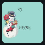 RETRO CHRISTMAS SNOWMAN VIERKANTE STICKER<br><div class="desc">BABY BLUE VINTAGE CHRISTMAS SNOWMAN.</div>