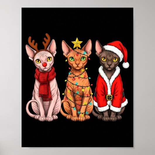 Retro Christmas Sphynx Cat Santa Reindeer Poster (Voorkant)