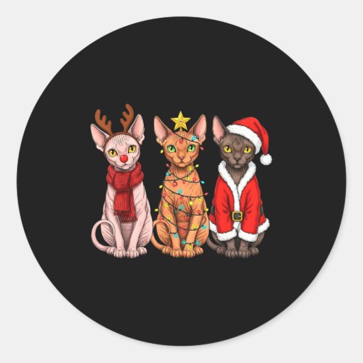 Retro Christmas Sphynx Cat Santa Reindeer Ronde Sticker (Voorkant)