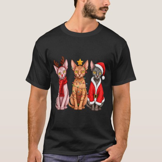 Retro Christmas Sphynx Cat Santa Reindeer T-shirt (Voorkant)