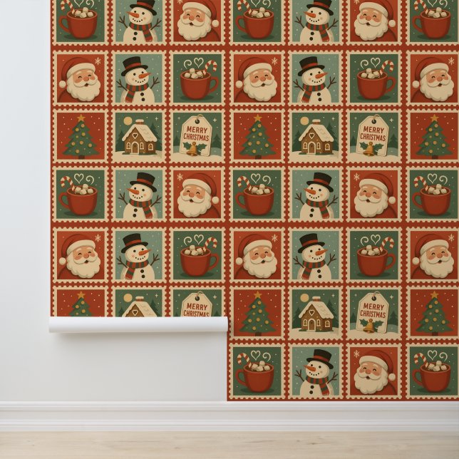 Retro Christmas Stamp Collage Behang (Applicatie)