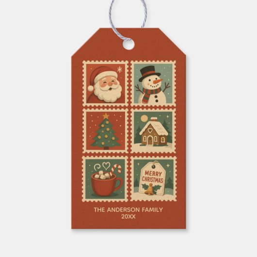 Retro Christmas Stamp Collage Cadeaulabel (Voorkant)