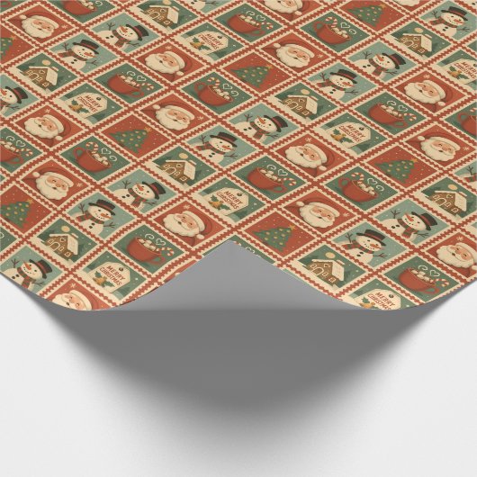 Retro Christmas Stamp Collage Cadeaupapier (Hoek)
