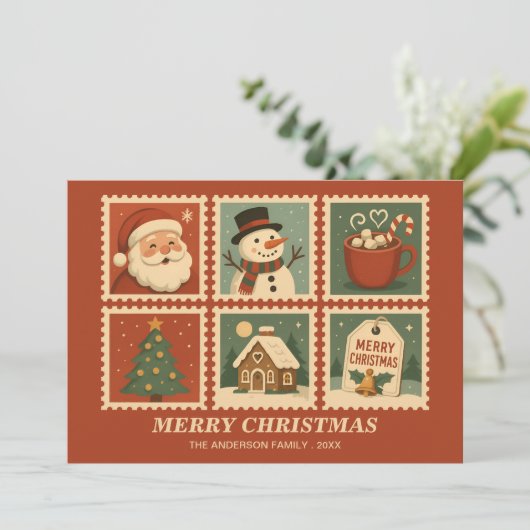 Retro Christmas Stamp Collage Feestdagenkaart (Staand voorkant)