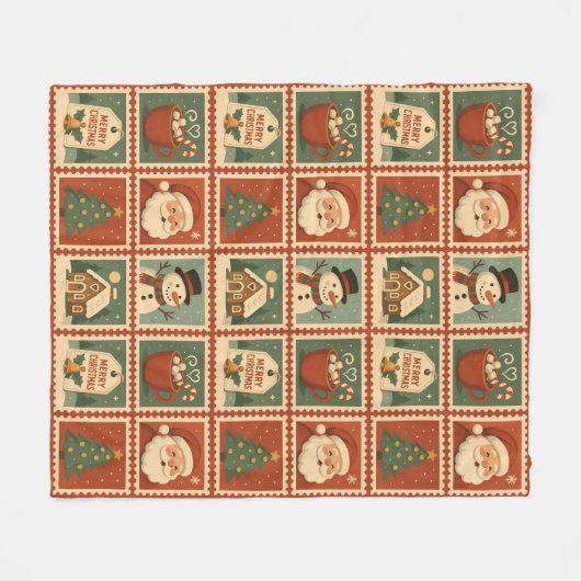 Retro Christmas Stamp Collage Fleece Deken (Voorkant (Horizontaal))
