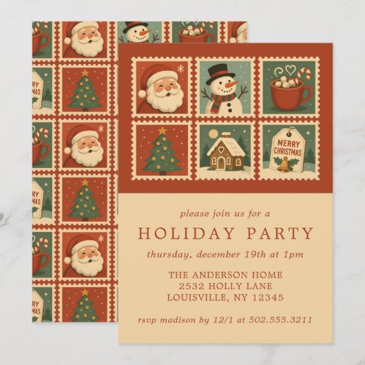Retro Christmas Stamp Collage Holiday Party Kaart (Voorkant / Achterkant)