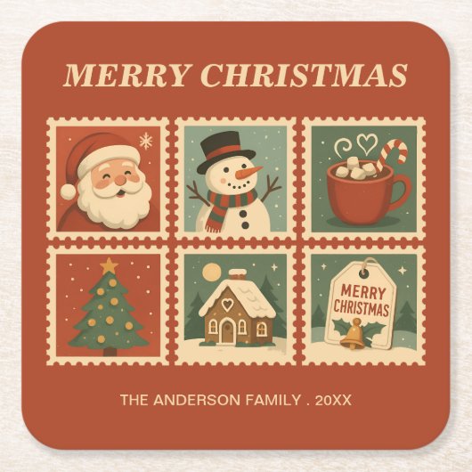 Retro Christmas Stamp Collage Kartonnen Onderzetters (Voorkant)