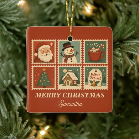 Retro Christmas Stamp Collage Keramisch Ornament (Boom)