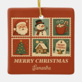 Retro Christmas Stamp Collage Keramisch Ornament (Voorkant)