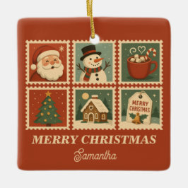 Retro Christmas Stamp Collage Keramisch Ornament