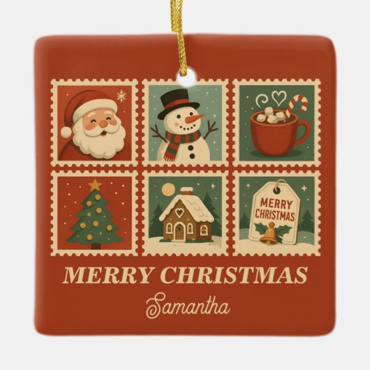Retro Christmas Stamp Collage Keramisch Ornament (Voorkant)