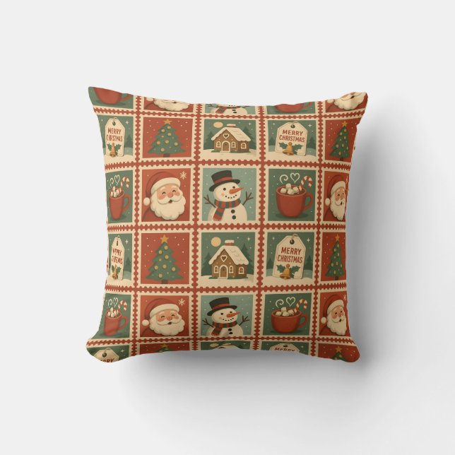 Retro Christmas Stamp Collage Kussen (Voorkant)