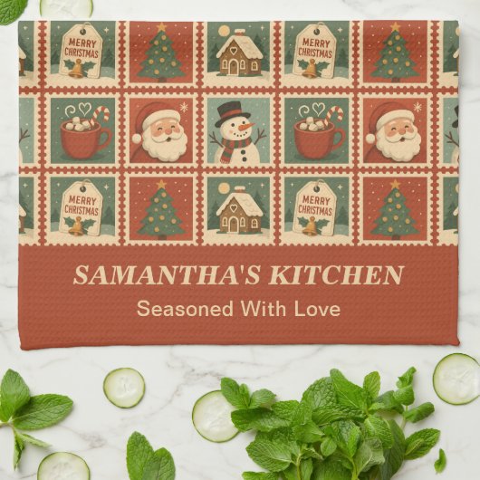 Retro Christmas Stamp Collage Theedoek (Gevouwen)