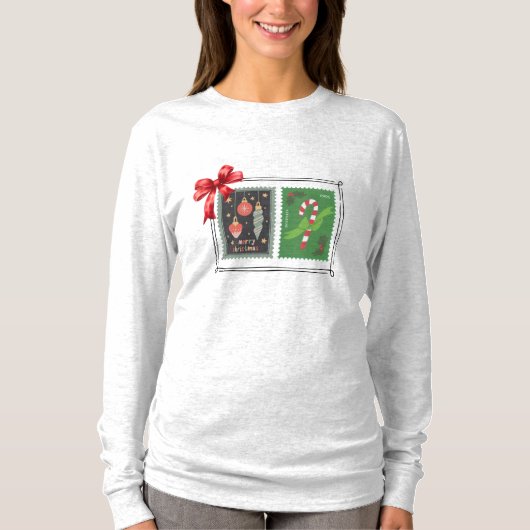 Retro Christmas Stamps Long Sleeve T-Shirt (Voorkant)
