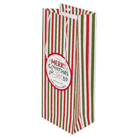Retro Christmas Stripe Pattern Custom Christmas Wijn Cadeautas (Voorkant Gekanteld)