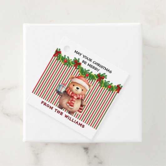 Retro Christmas Stripe Pattern & Teddy Bear Custom Bedankjes Labels (In situ)