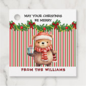 Retro Christmas Stripe Pattern & Teddy Bear Custom Bedankjes Labels (Voorkant)