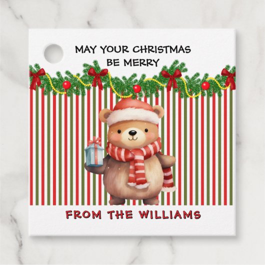 Retro Christmas Stripe Pattern & Teddy Bear Custom Bedankjes Labels (Voorkant)