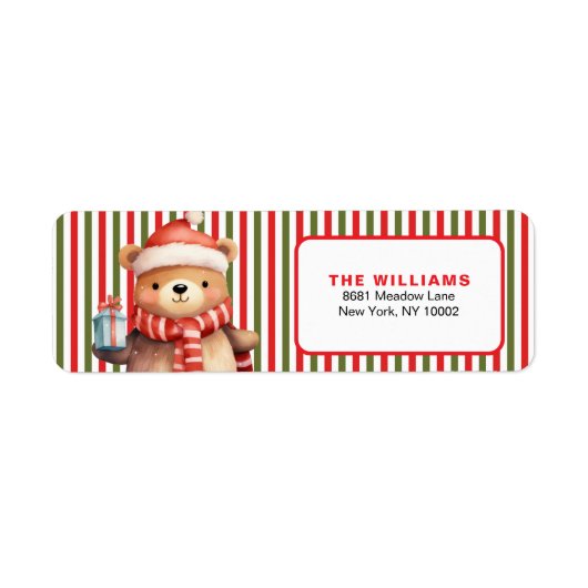 Retro Christmas Stripe Pattern & Teddy Bear Custom Etiket (Voorkant)