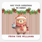 Retro Christmas Stripe Pattern & Teddy Bear Custom Vierkante Sticker (Voorkant)