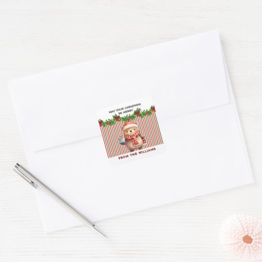 Retro Christmas Stripe Pattern & Teddy Bear Custom Vierkante Sticker (Envelop)